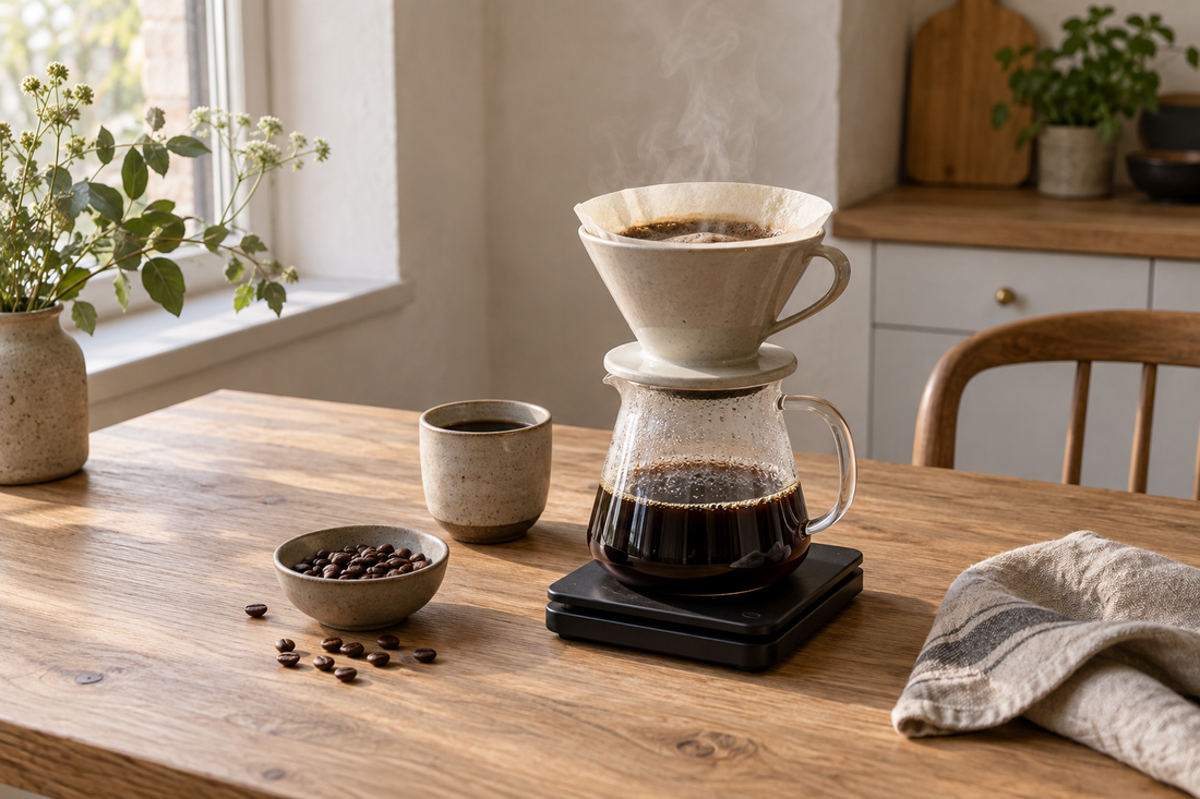 Pour over-kaffe som bryggs i ett ljust nordiskt kök