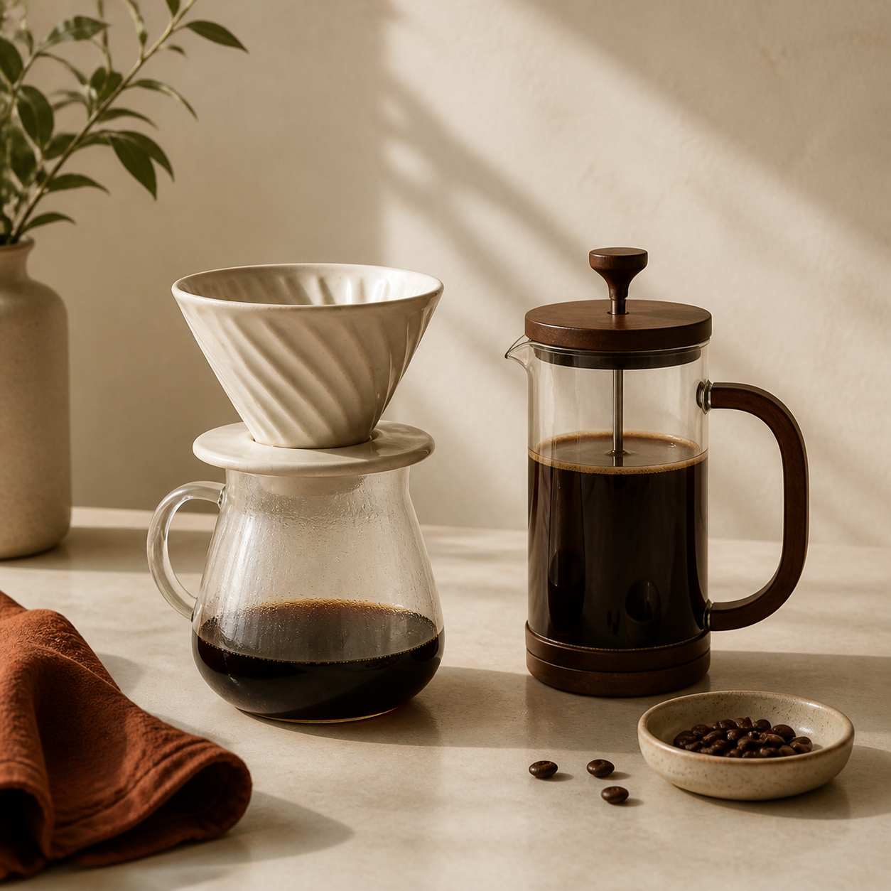 Pour over-bryggare och presskanna i varmt morgonljus