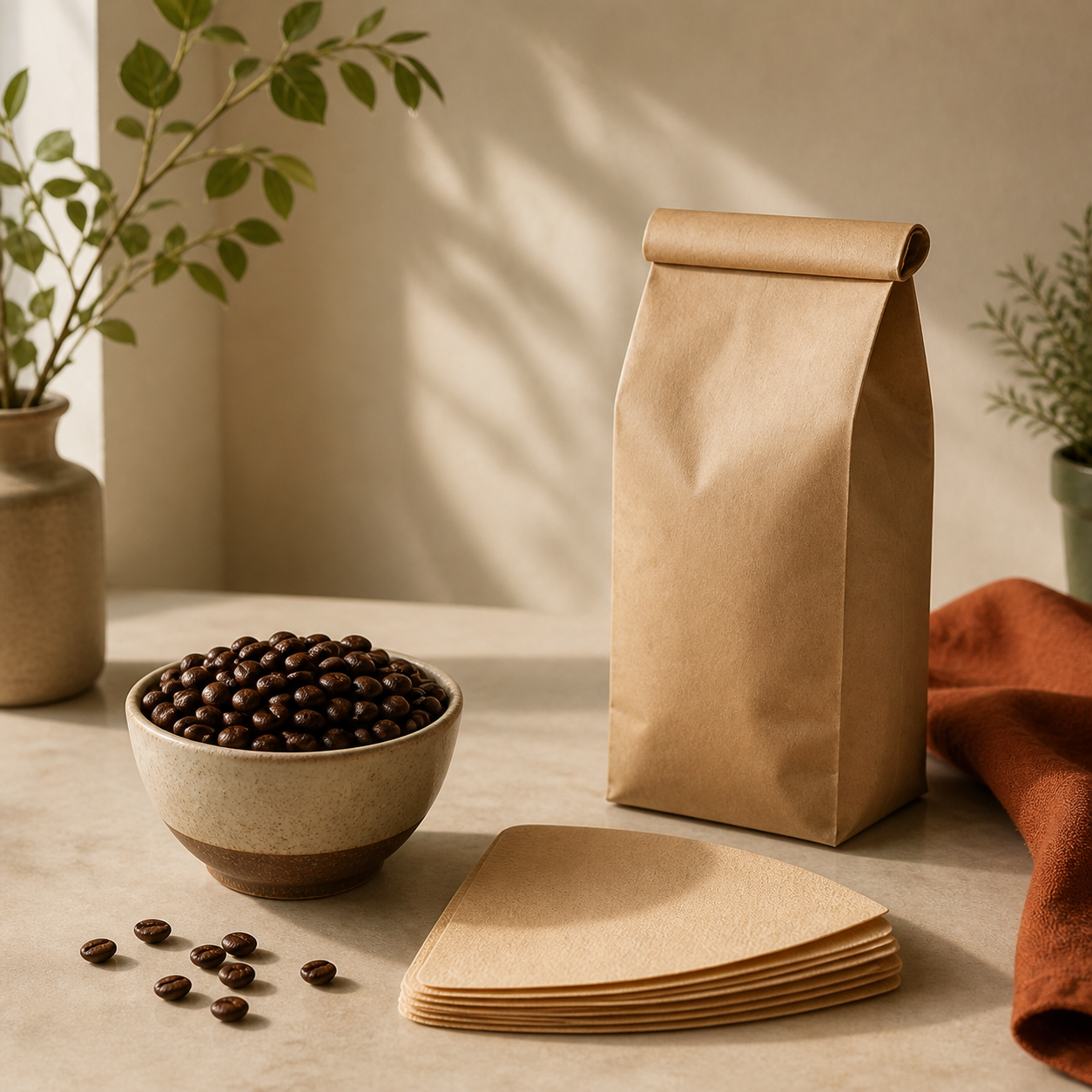 Rostade kaffebönor, pappersfilter och neutral kaffepåse