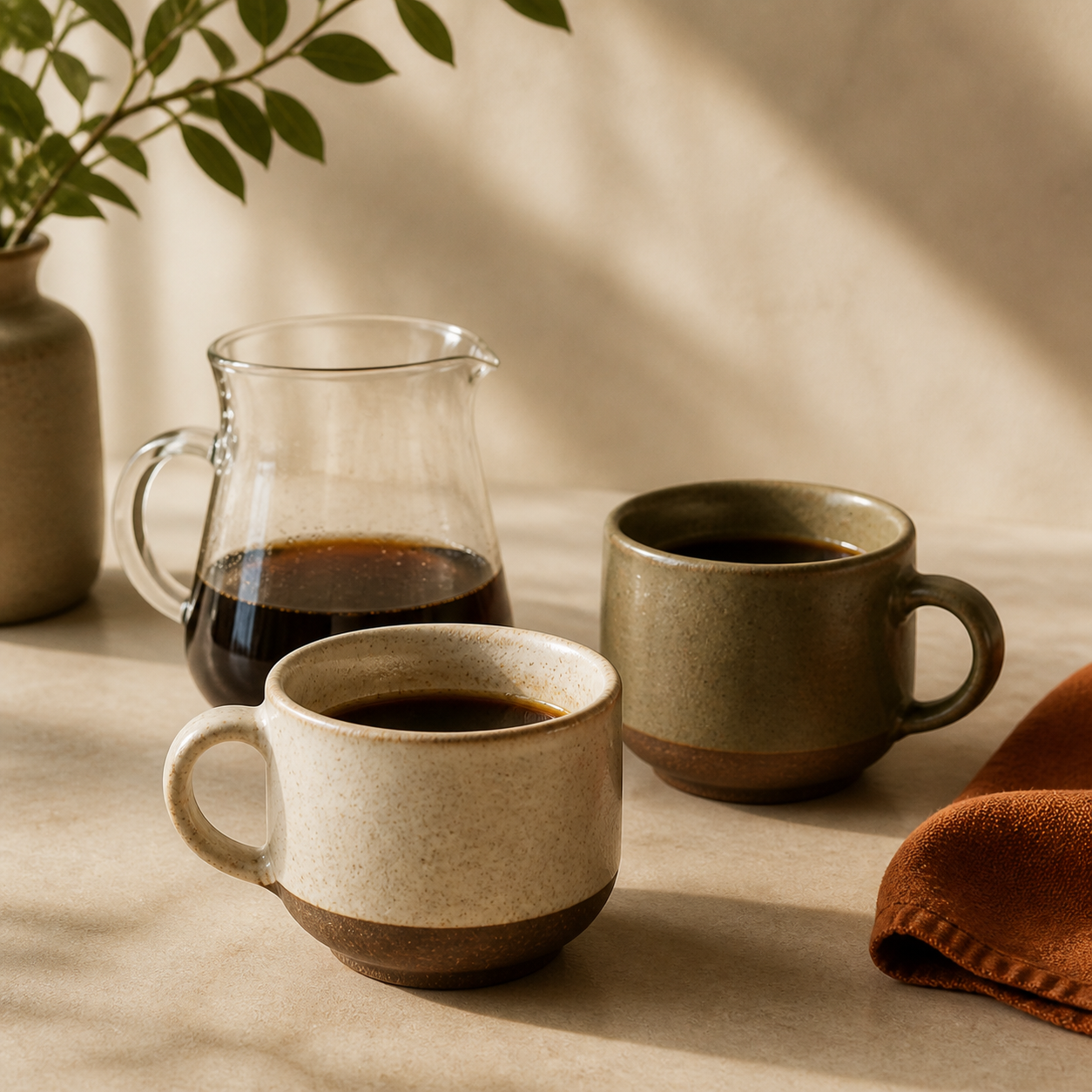 Handgjorda kaffekoppar och serveringskanna i glas