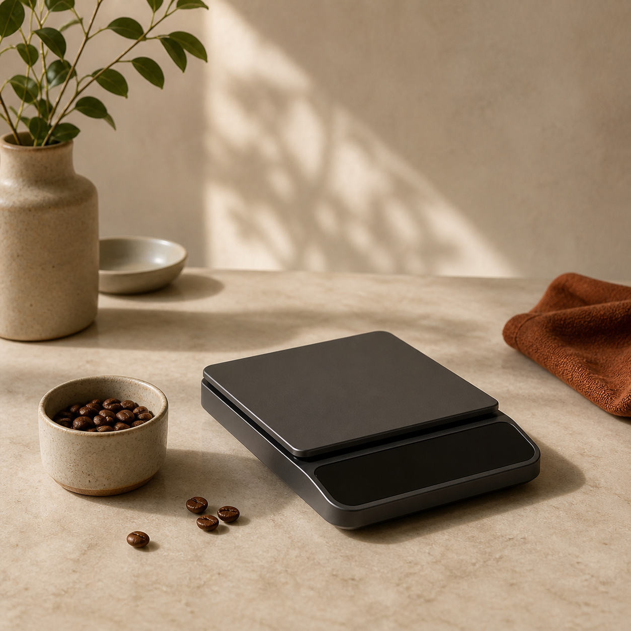 Minimalistisk kaffevåg med doseringskopp och kaffebönor