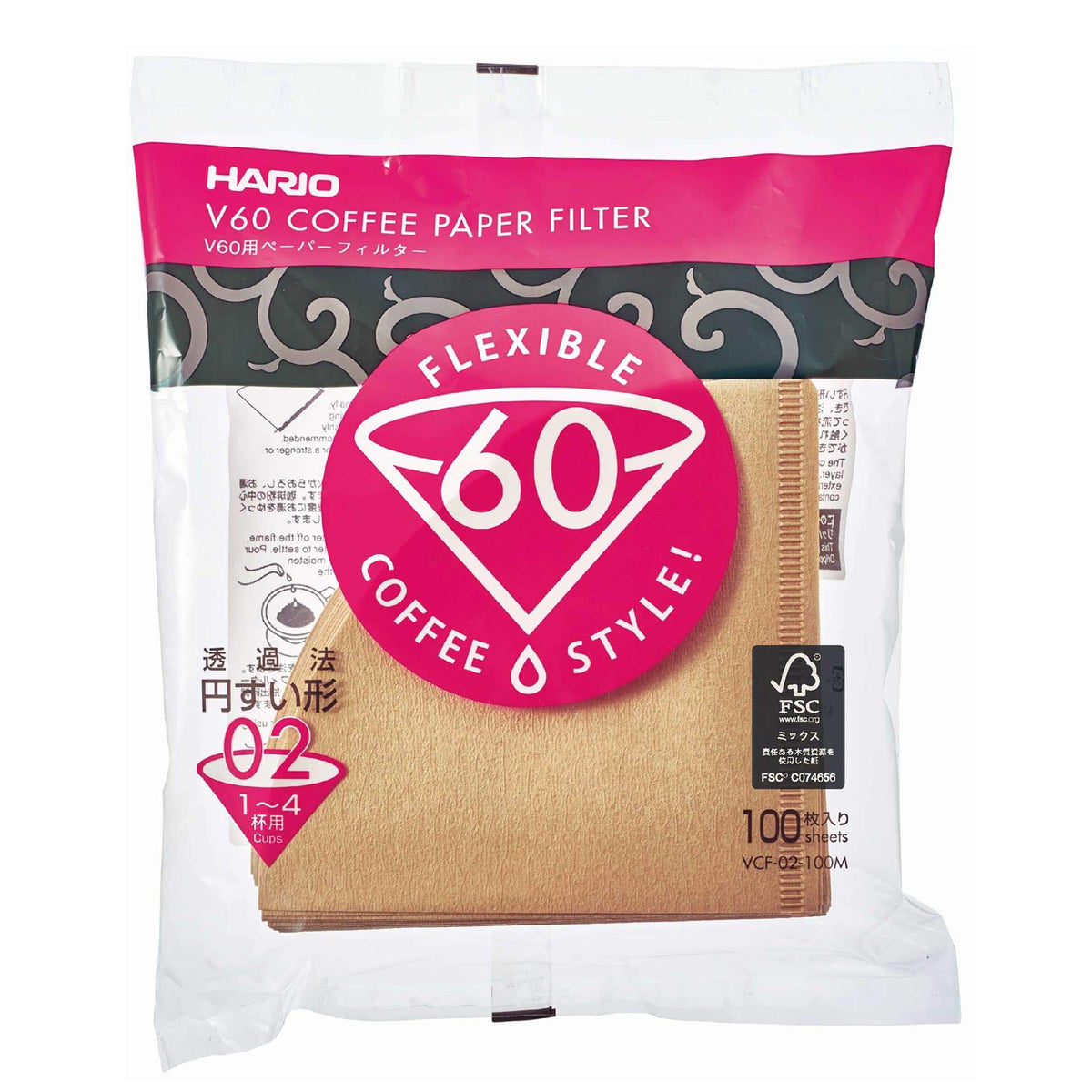 Hario V60 kaffefilter – brunt papper V2, 100 st