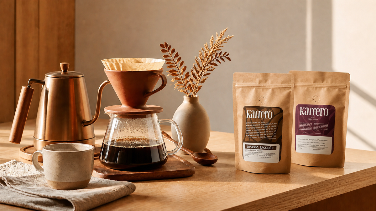 Kaffeutrustning och Kaffero-kaffe i varmt morgonljus